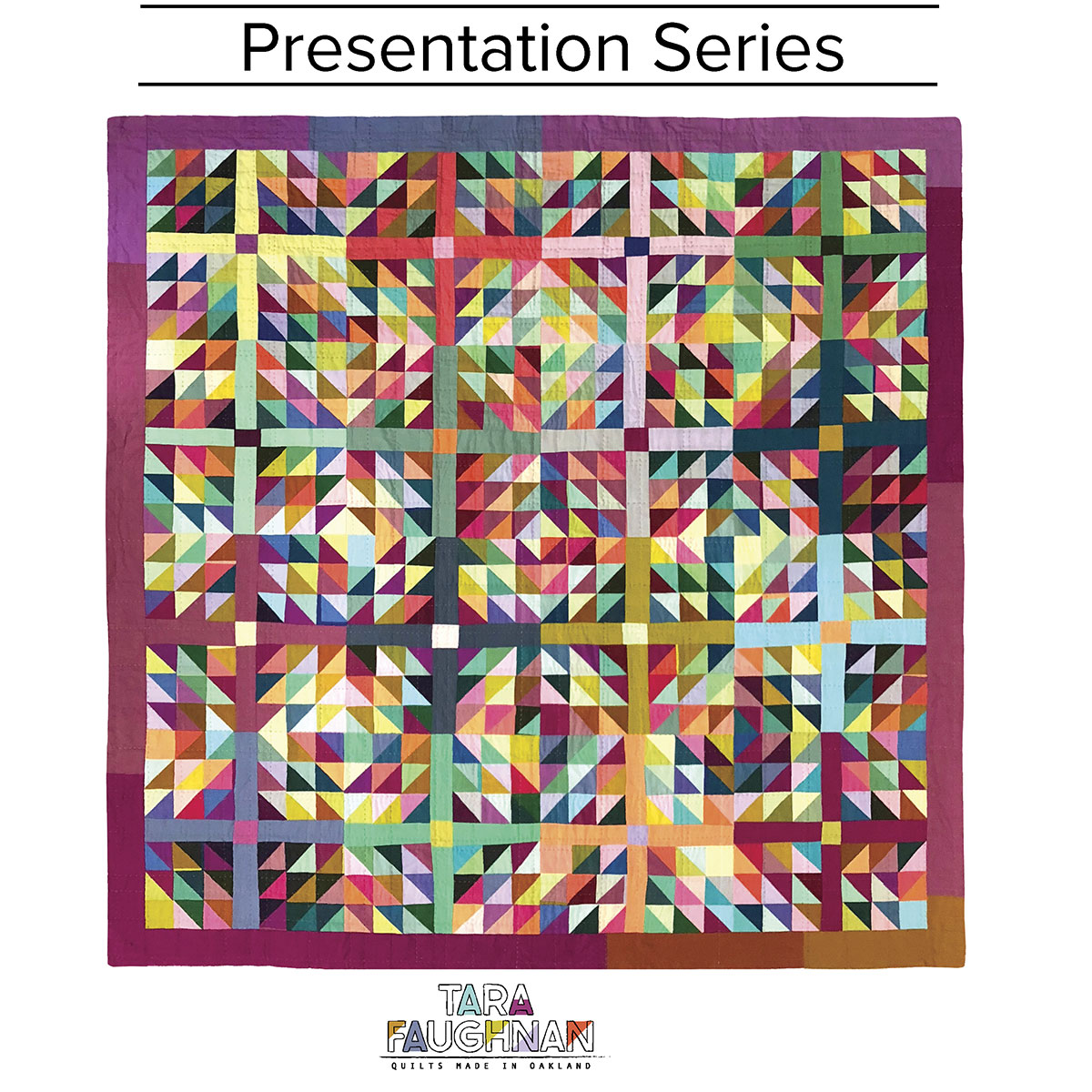 A quilt with the name of the presentation on top.