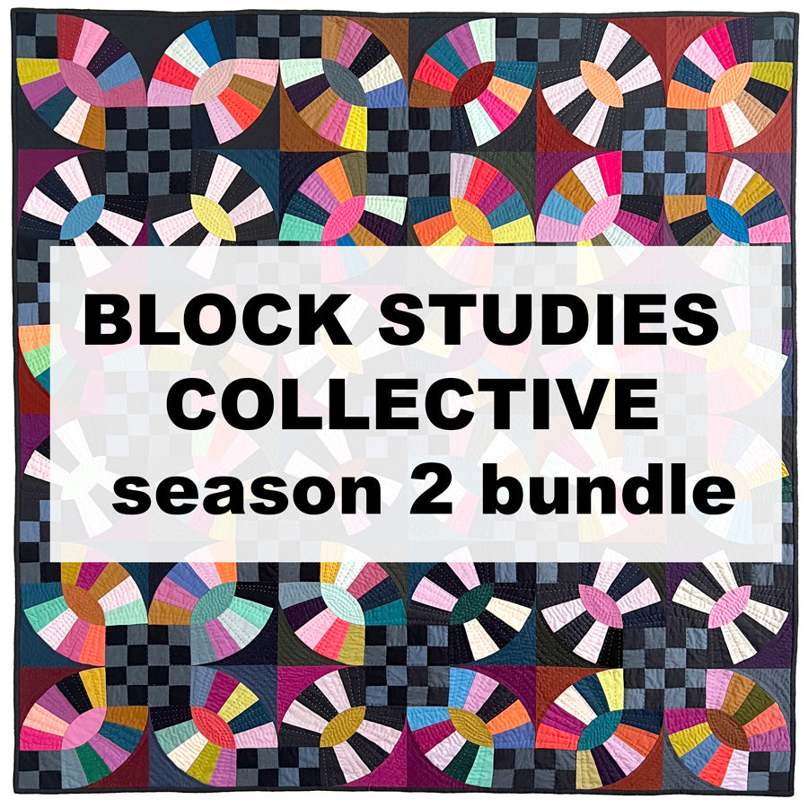 Colorful quilt with geometric patterns and text overlay 'Block Studies Collective season 2 bundle'.