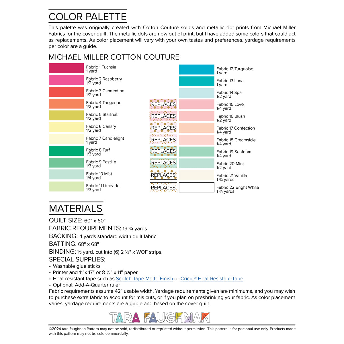 Color chart and fabric requirements for the quilt.
