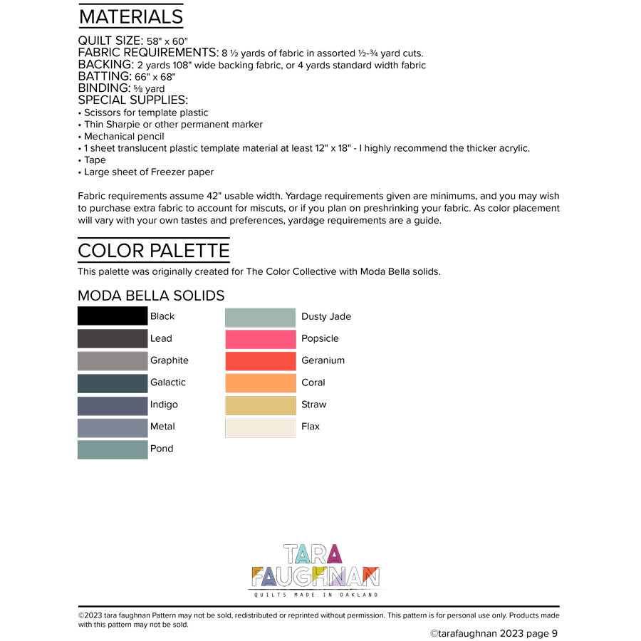 Color chart and fabric requirements for the quilt.