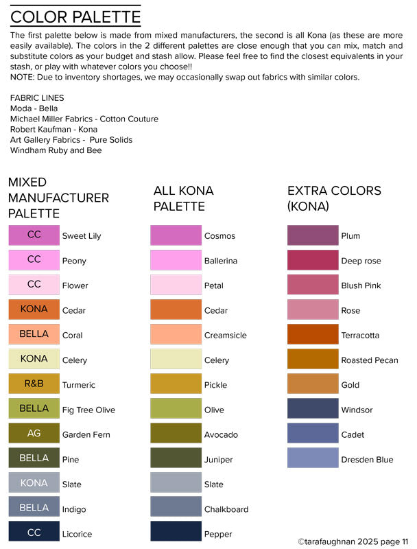 Color palette chart for fabric swatches with labels and color names.