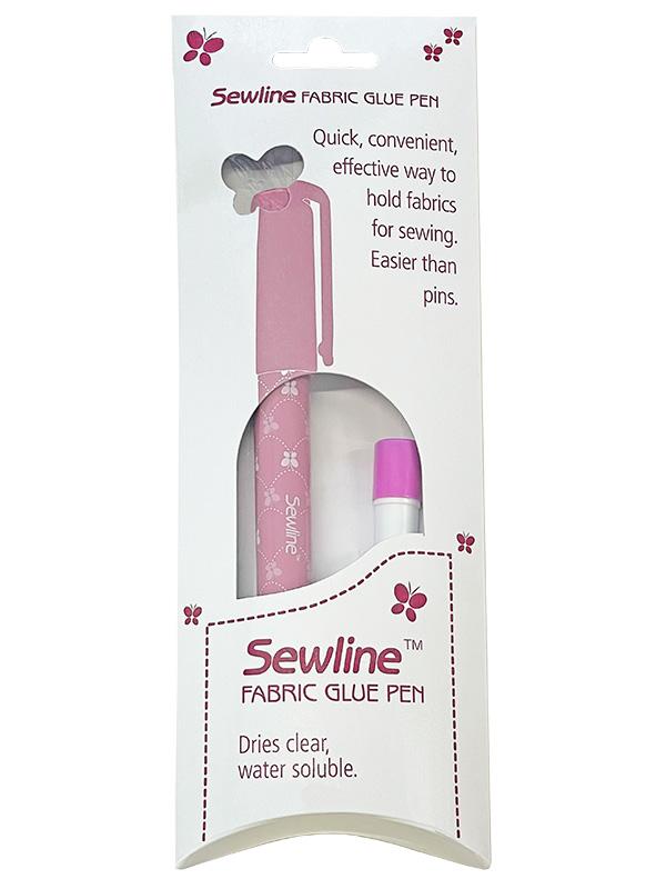 Sewline fabric glue pen packaging with pink glue pen inside on a white background