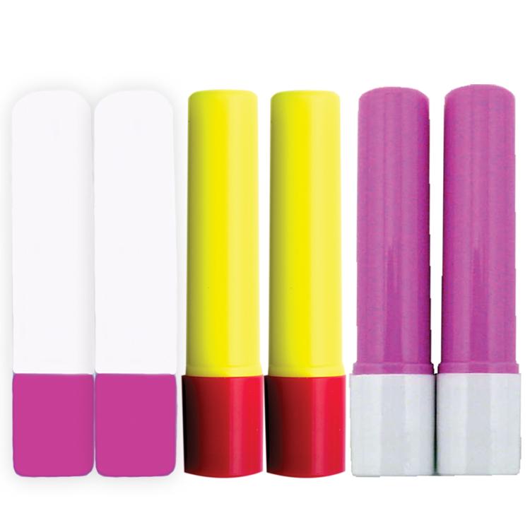 Set of colorful markers with pink, yellow, and red caps on a white background