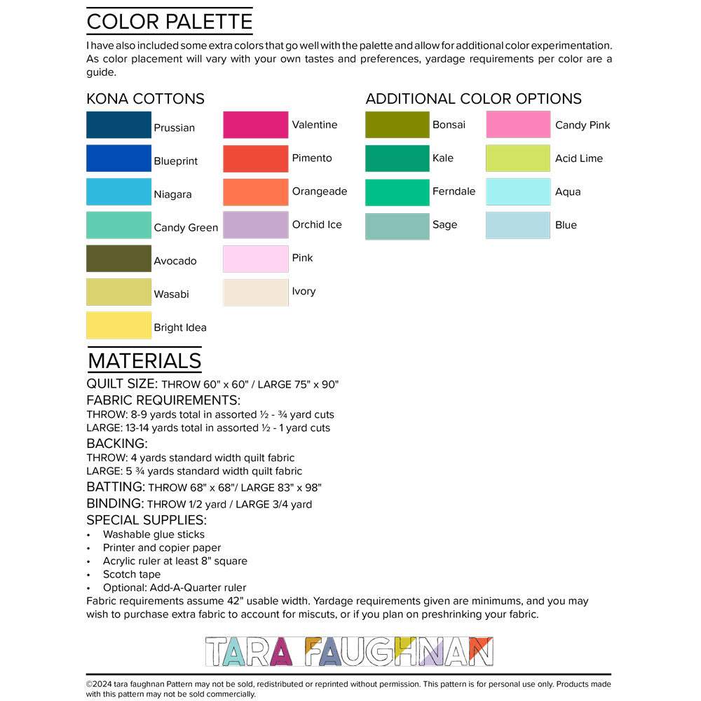 Color chart and fabric requirements for the quilt.