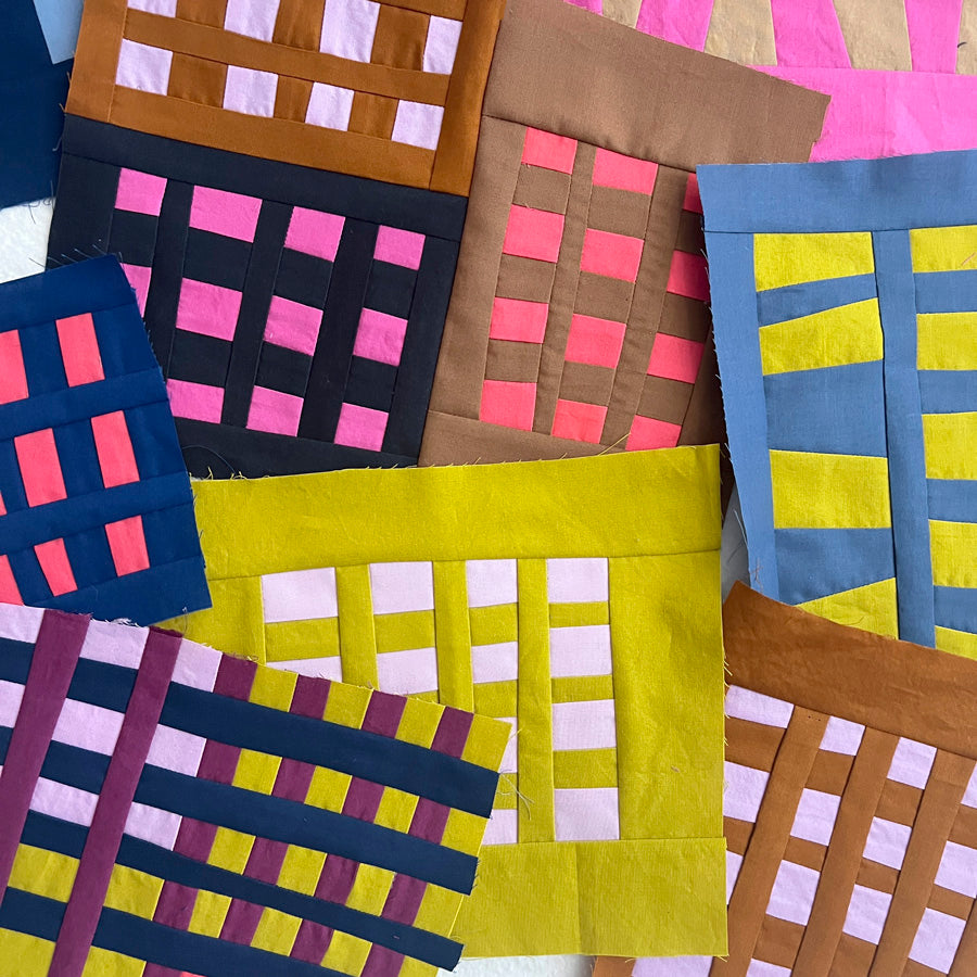 Collection of colorful fabric squares with various patterns