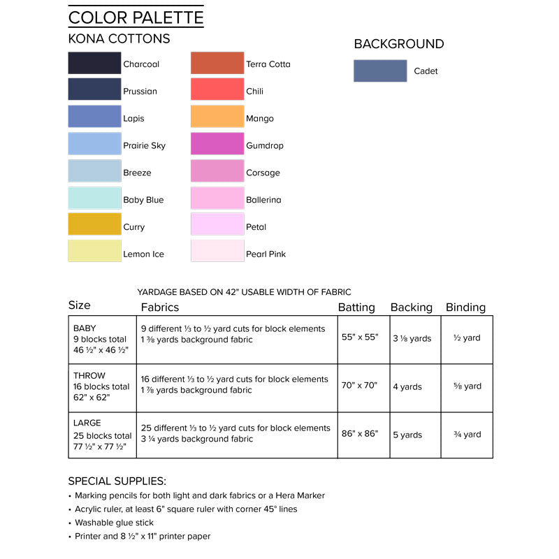 Back cover of Marrakesh quilt pattern showing color palette and yardage requirements.