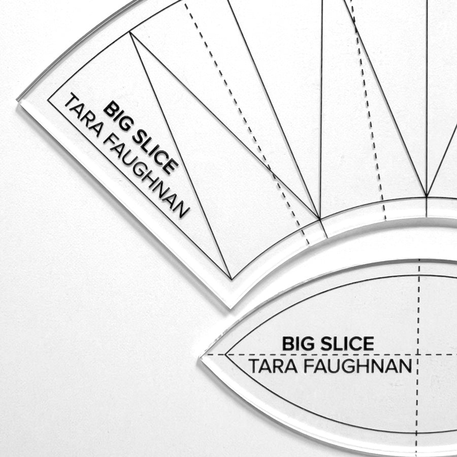 close up of templates with 'Big Slice' and 'Tara Faughnan' text on a white background