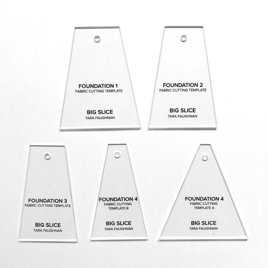 Five clear fabric cutting templates with text on a white background