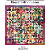 An hourglass quilt with the name of the presentation on top.