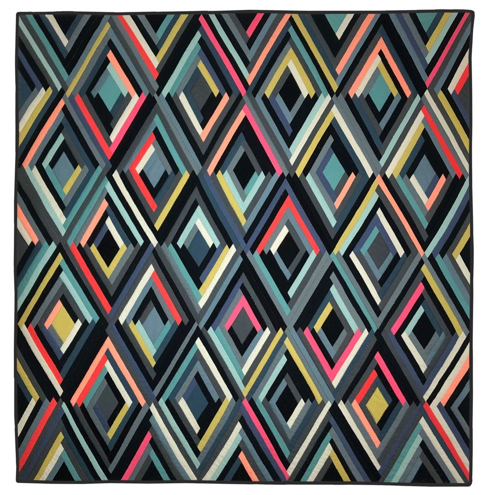 A log cabin quilt in a diamond pattern with dark colors.