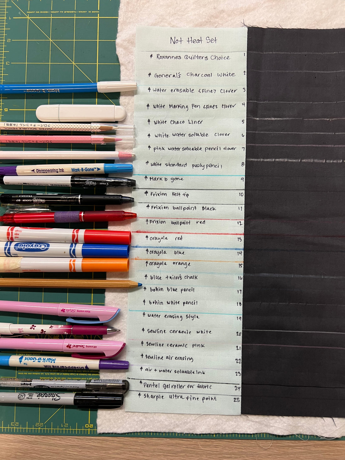 Quilt marking tools and the corresponding lines on black and pale blue fabrics.
