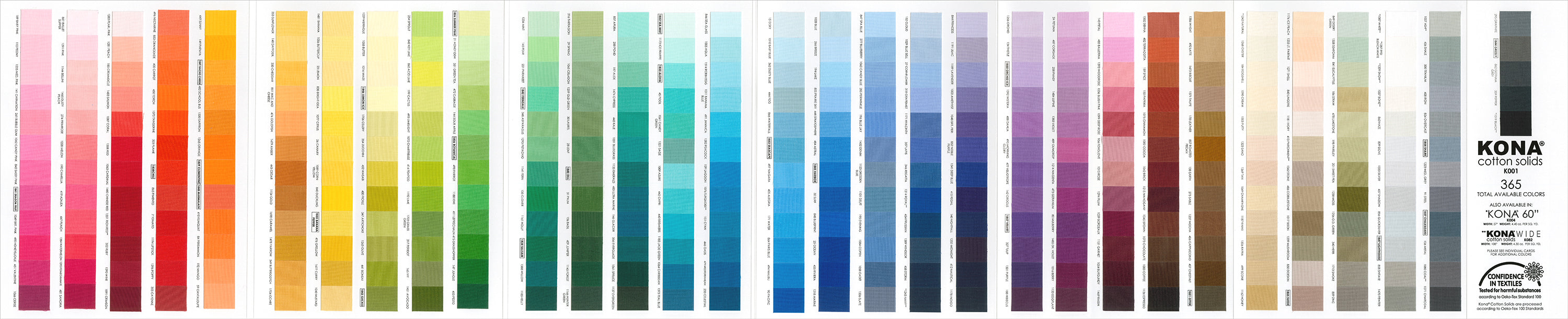 A Kona Cotton Color Card with a list of fabric colors displayed in a gradient arrangement.