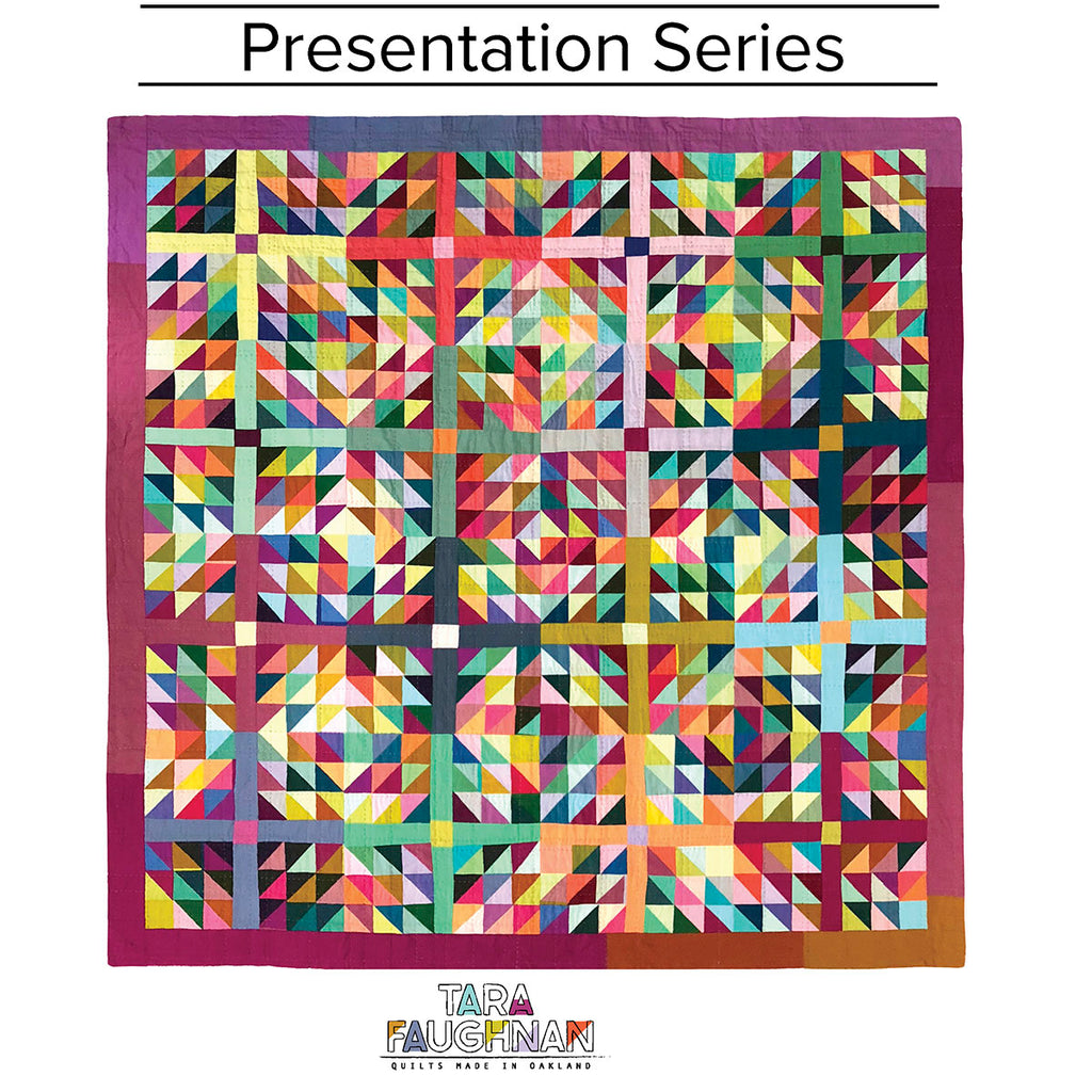 A quilt with the name of the presentation on top.