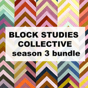Block studies collective text on a geometric quilt background.