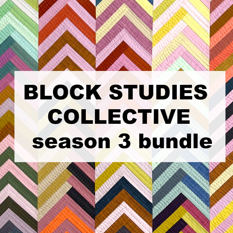 Block studies collective text on a geometric quilt background.