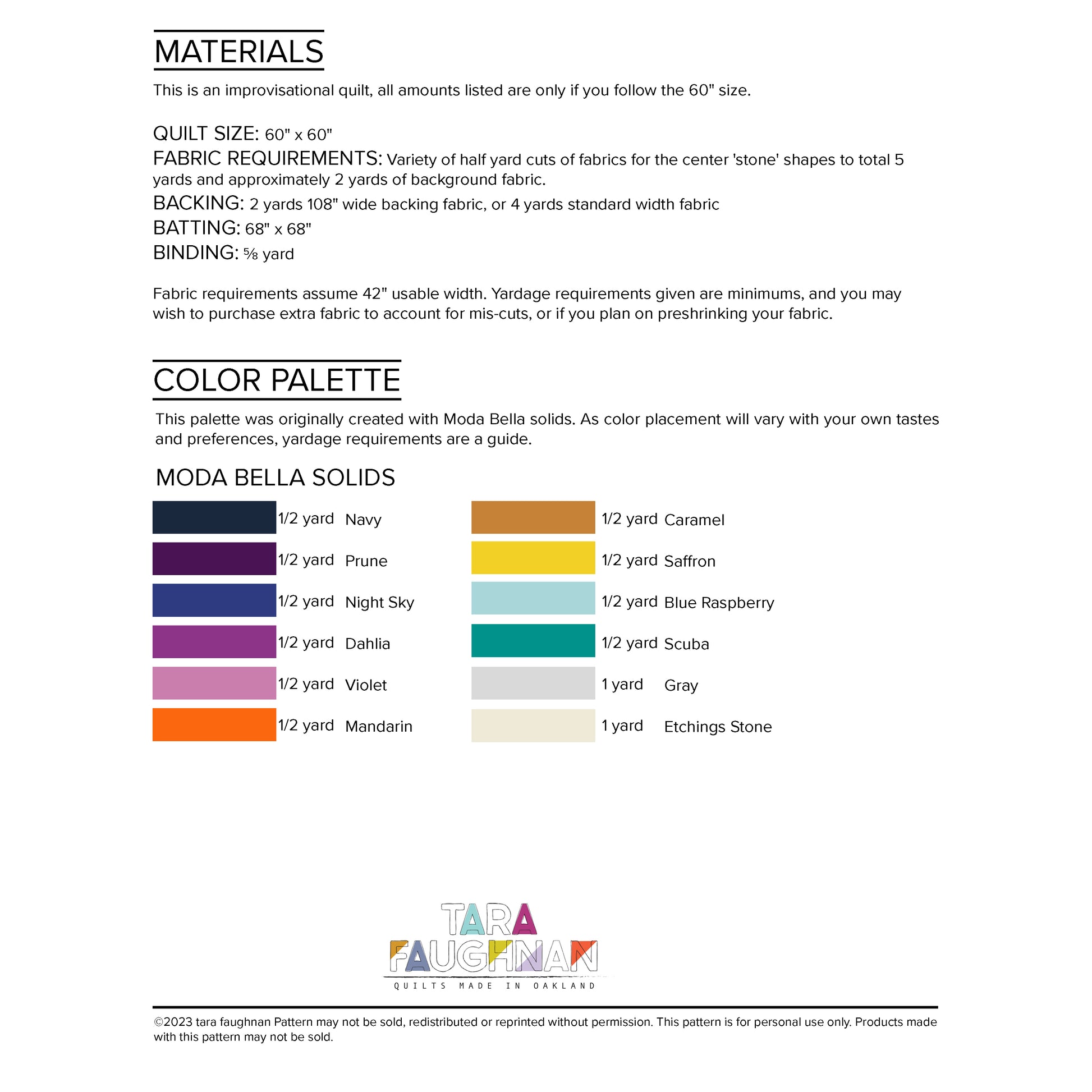 Color chart and fabric requirements for the quilt.