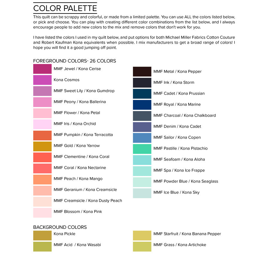 The back cover of the quilt pattern, showing the color chart.