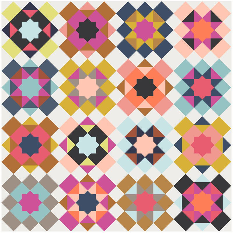 Full marrakesh quilt top, a block based quilt in multiple colors with a light  ground