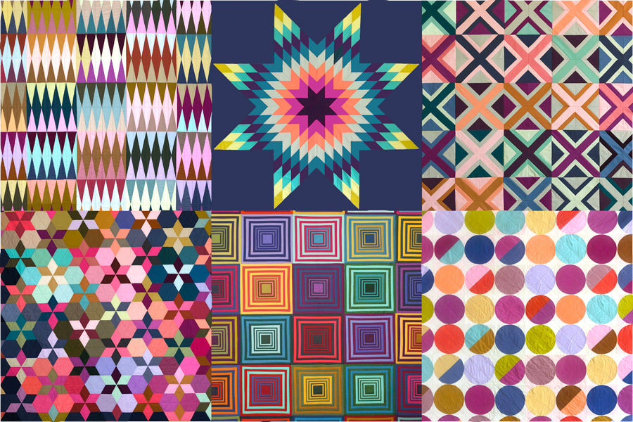 Multicolored geometric pattern quilt with various shapes and colors.