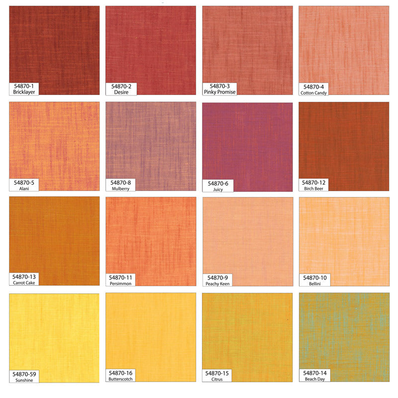 Grid of fabric color swatches with various shades of orange, red, and yellow.