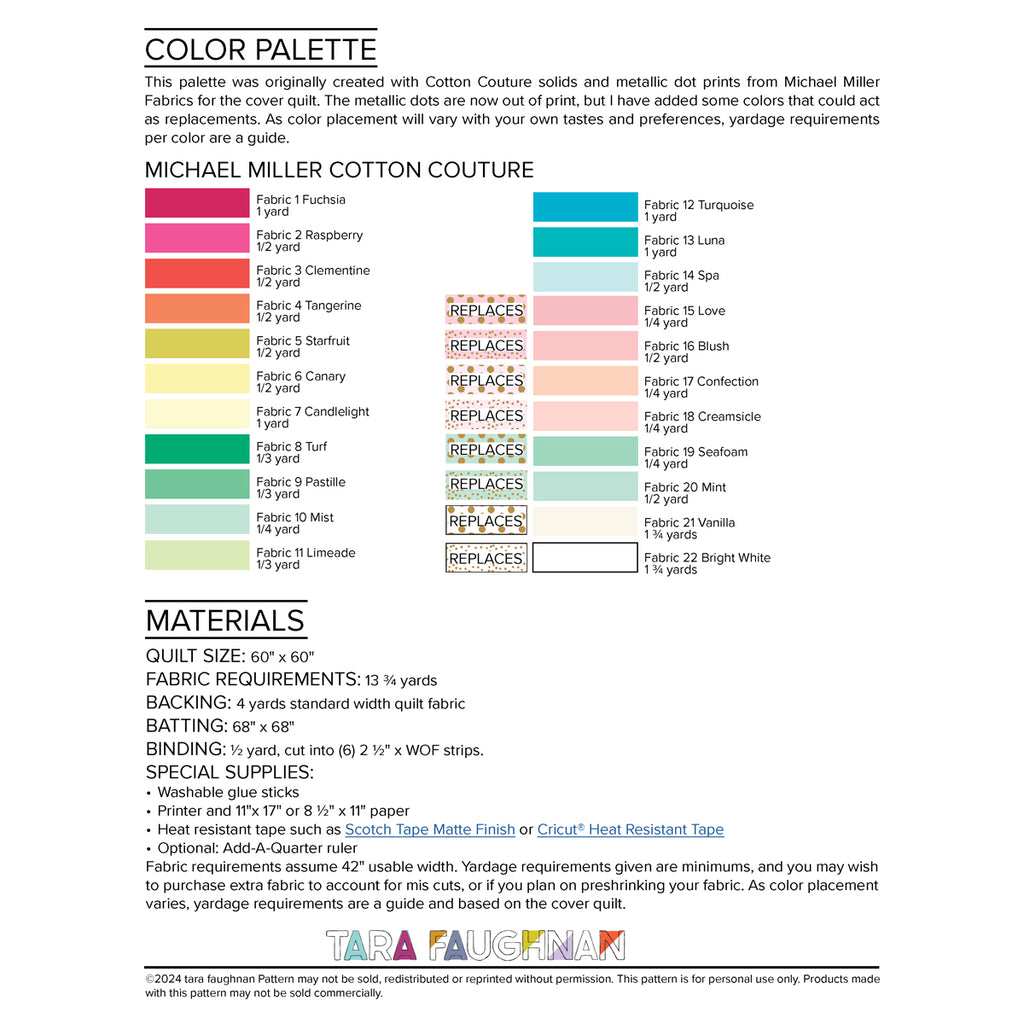 Color chart and fabric requirements for the quilt.