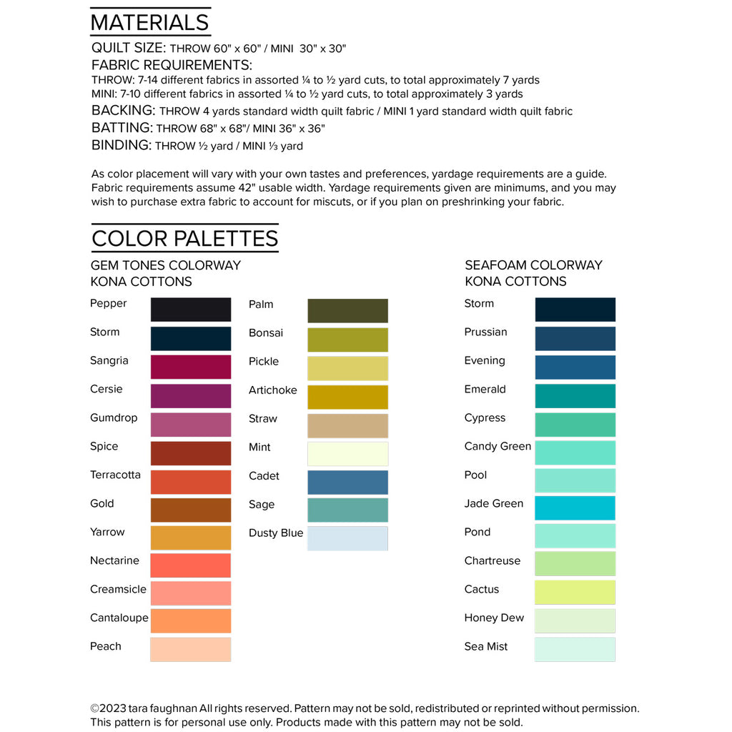 Color chart and fabric requirements for the quilt.