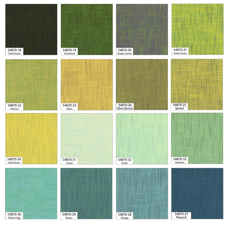 Grid of green fabric swatches with color codes