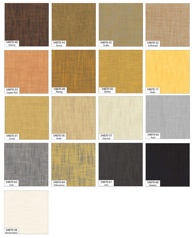 Grid of fabric swatches in various colors on a white background