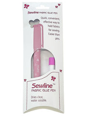 Sewline fabric glue pen packaging with pink glue pen inside on a white background