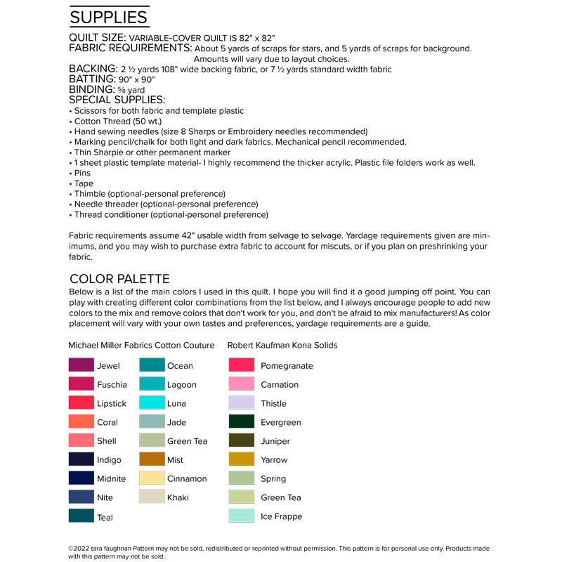 Color chart and fabric requirements for the quilt.