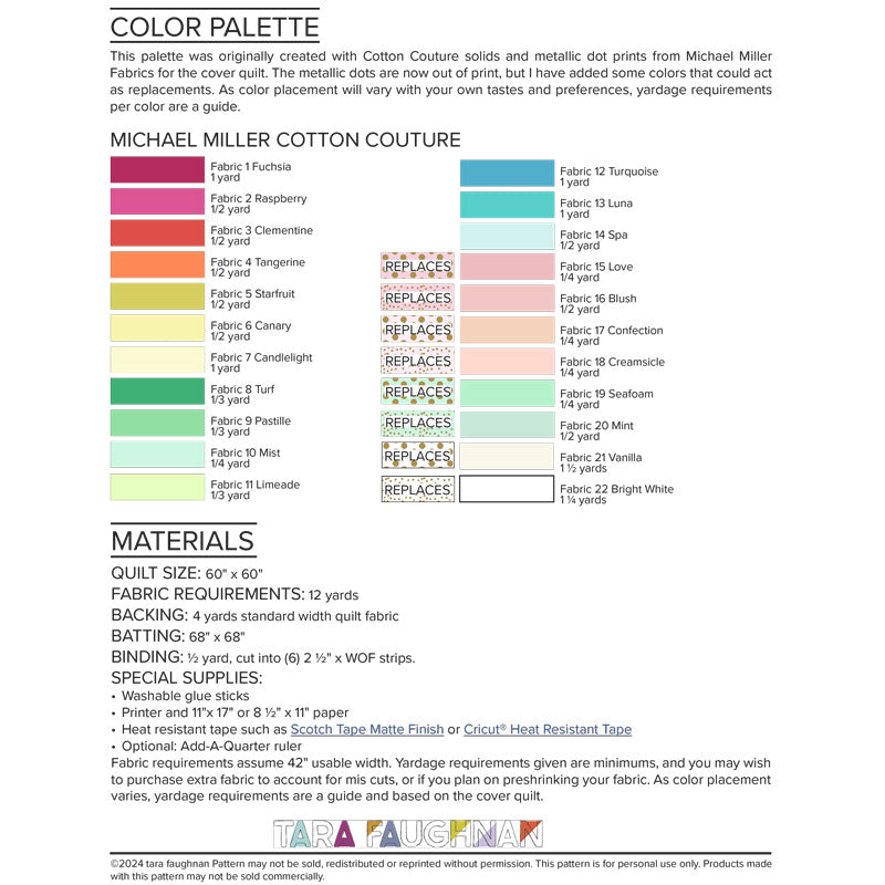 Back cover of quilt pattern showing color palette and materials requirements.