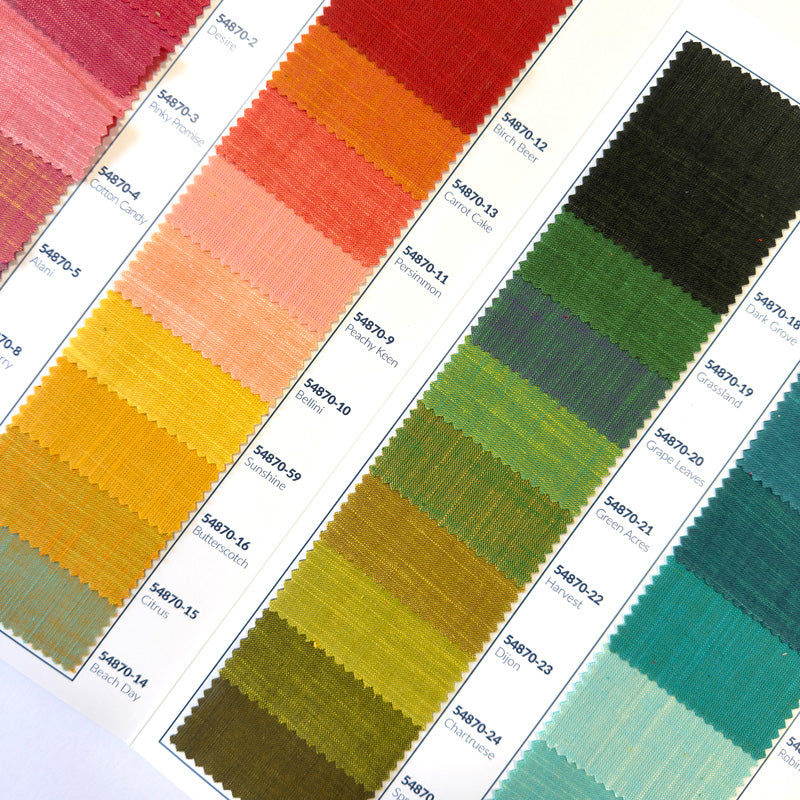 the inside of a Handloom fabrics swatch card showing small fabric swatches in various colors.