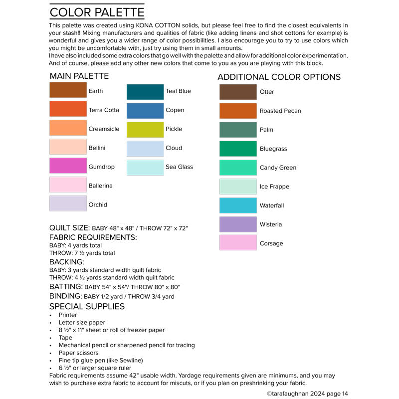 Color chart and fabric requirements for the quilt.