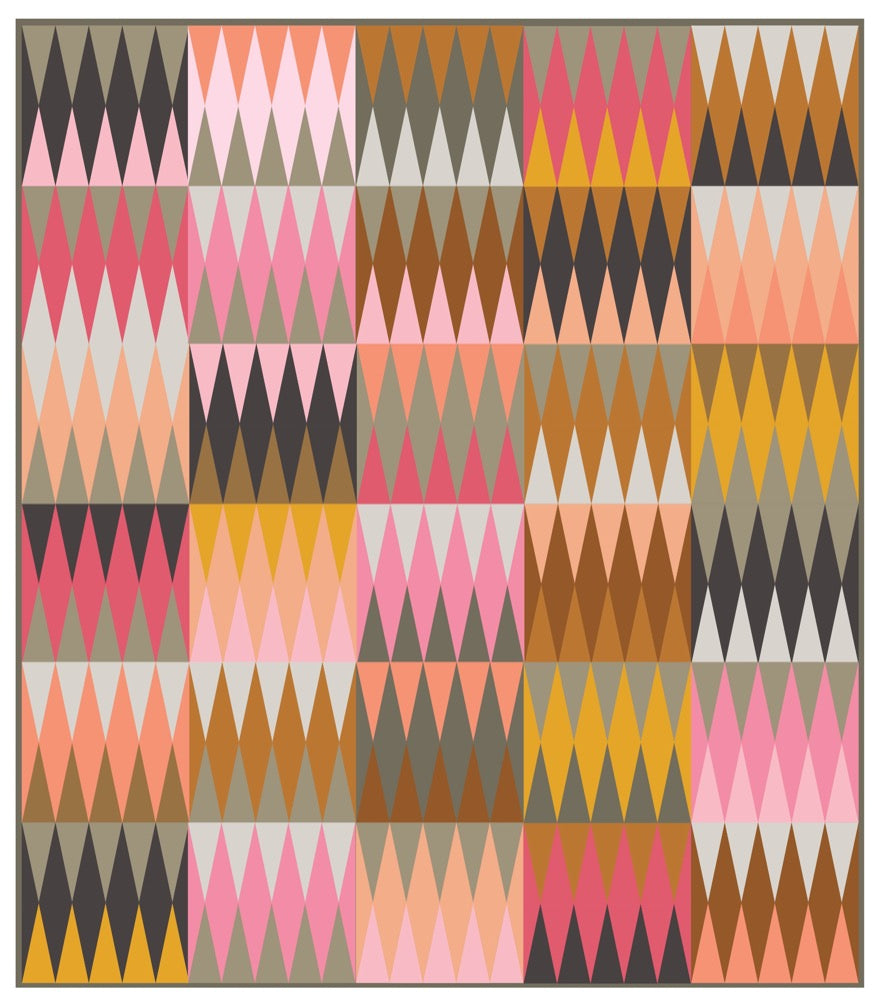 a quilt made of skinny tall triangles in a subdued pink and gray palette.